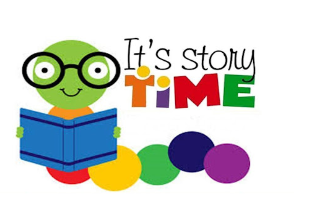 multi-colored bookworm wearing glasses and reading a book. It's Story Time.