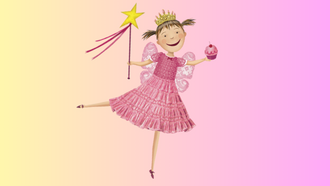 Pinkalicious Pinkerton carrying a wand in her right hand and a cupcake in her left on a gradient pink back ground