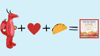from left to right on a light blue background: Red dragon, plus sign, red heart, plus sign, a taco, equal sign, and the cover of the book, Dragons Love Tacos.
