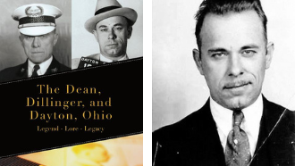 a side by side grid of book titled the dean dillinger and dayton on the left and a photo of john dillinger on the right