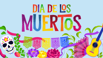The words Dia De Los Muertos written in bold colors on a light blue background. Beneath the words are a skull, papel picado, and a guitar.
