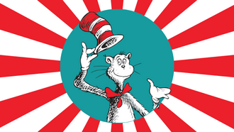 the cat in the hat character inside a blue circle with red stripes in the background.