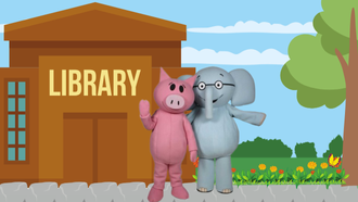 a pink pig and gray elephant standing in front of a cartoon library with clouds, a tree, and flowers in the background.