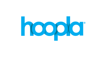 the word hoopla in bright blue letters on a white backgroup.