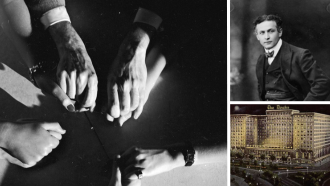 a three paned collage with a black and white close up photo of hands clasped together. Top right is a black and white photo of Harry Houdini in a suit. Bottom right pane is a photo of the drake hotel in chicago.