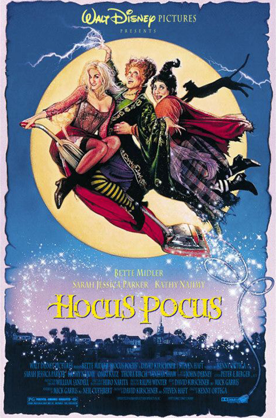 Walt Disney's hocus pocus movie poster.Three witches on a broom in front of the moon.